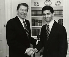President Reagan and Dartmouth Review editor Dinesh D’Souza, 1988.