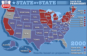 The US electoral map as of the morning of November 8. Florida, New Mexico, and Oregon are still rated as ‘too close to call.’
