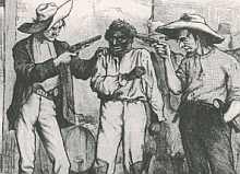 An excerpt from a ‘Harper’s Weekly’ cartoon from 1876 showing two white men menacing a black man attempting to cast a vote. The cartoon illustrates the effect of the ‘grandfather clause.’ 