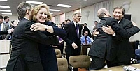 Lawyers for the Washington Democratic Party celebrate after the court ruling certifying Christine Gregoire as governor.