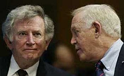 Gary Hart (left) and Warren Rudman (right) testify before a Senate committee in 2002.