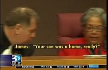 A screenshot of a television news report showing County Commissioner Bill James asking fellow Commissioner Vilma Leake if her dead son was ‘a homo.’