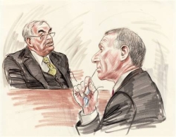 In this courtoom sketch, Lewis Libby, at right, watches Robert Novak testify.