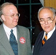 Karl Rove and Robert Novak, 2003. Rove’s button reads, ‘I’m a Source, Not a Target.’