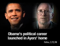 A Web graphic accusing presidential candidate Barack Obama of beginning his political career in the home of college professor William Ayers.