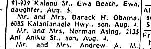A birth announcement from the August 13, 1961 Honululu Advertiser announcing the birth of a baby boy to the parents of Barack Obama. 