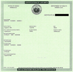 Obama’s birth certificate, obtained from the Hawaii Department of Health.