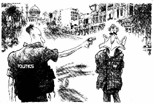 Michael Ramirez’s cartoon depicting President Bush being ‘shot’ due to politicization of his State of the Union address.