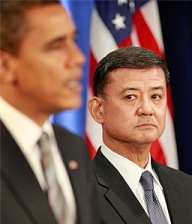General Eric Shinseki looks on as President-elect Obama announces his choice to head the Department of Veterans Affairs.
