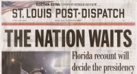 ’Corrected’ St. Louis Post-Dispatch from November 8 headline showing the uncertain state of the election.