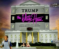 A joke image displayed during President Obama’s address at the White House Correspondents Dinner, envisioning what the White House might look like if Donald Trump were to become president. The subheading on the photo reads ‘Hotel - Casino - Golf Course - Presidential Suite.’ 