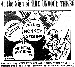Portion of a 1955 cartoon warning against the evils of three government health programs, including water fluoridation.