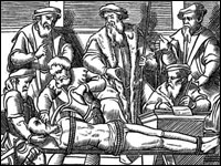 Woodcut depicting waterboarding included in J. Damhoudere’s ‘Praxis Rerum Criminalium,’ Antwerp, 1556.