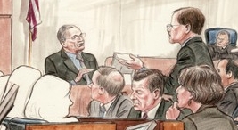 Post reporter Bob Woodward testifies, questioned by defense lawyer William Jeffress. Judge Reggie Walton, members of the jury (whose faces are not depicted in the artist’s rendition), and members of the defense team look on.