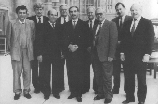 The Chechen delegation on the terrace at the House of Commons in London.
From the left: Eduard Khachilaev, Sir Gerrard Neale, Berkan Yashar, Dzhokhar Dudaev, Den Dover, and Yusef Shamsuddin.
