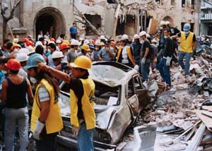 Rescue workers in the wreckage of the Israeli embassy in Buenos Aires.