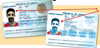 Pages from two passports seized in the raid. Both show pictures of Fazul but have different names.
