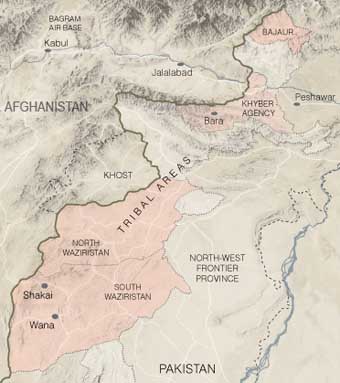 A 2007 map showing Pakistan’s tribal areas. Regions dominated by Islamist militants are highlighted in pink.