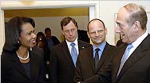 Philip Zelikow (second from left) with Secretary of State Condoleezza Rice (left), and Israeli Prime Minister Ehud Olmert (right).