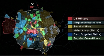 A map showing the various groups controlling portions of Baghdad in late 2006.
